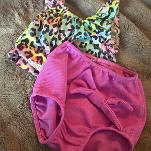 Colorful Leopard Print and Pink Bow Swimsuit Set
